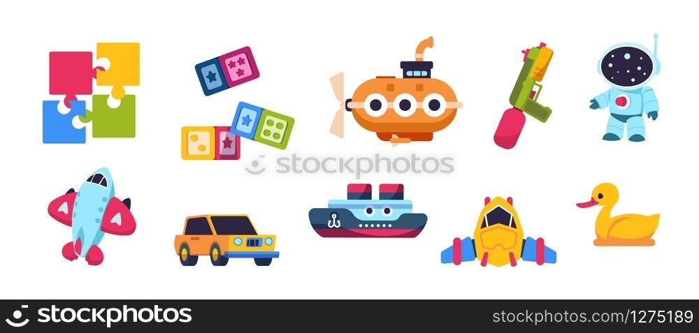 Baby toys. Cartoon kid submarine car spaceship boat and plane transport, puzzle constructor and bath duck. Vector isolated cute collection of toys for kids on white background. Baby toys. Cartoon kid submarine car spaceship boat and plane transport, puzzle constructor and bath duck. Vector isolated cute collection of toys