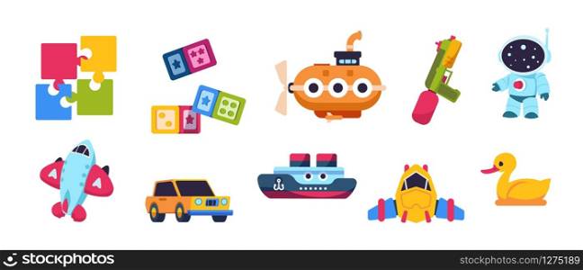 Baby toys. Cartoon kid submarine car spaceship boat and plane transport, puzzle constructor and bath duck. Vector isolated cute collection of toys for kids on white background. Baby toys. Cartoon kid submarine car spaceship boat and plane transport, puzzle constructor and bath duck. Vector isolated cute collection of toys
