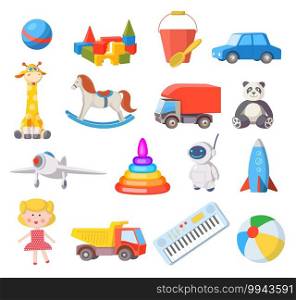 Baby toys. Cartoon kids toy for boys and girls ball, car, doll, robot, rocket and airplane. Fun child belongings for baby shower vector set. Illustration bear and train, pyramid and robot. Baby toys. Cartoon kids toy for boys and girls ball, car, doll, robot, rocket and airplane. Fun child belongings for baby shower vector set