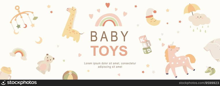 Baby toys horizontal web banner. Kids rainbow, bottle, teddy bear, crescent moon, unicorn, bodysuit and other newborn elements. Vector illustration for header website, cover templates in modern design