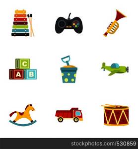 Baby toys icons set. Flat set of 9 baby toys vector icons for web isolated on white background. Baby toys icons set, flat style