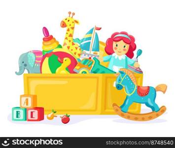 Baby toys in box. Colorful inventory for kids games and entertainment. Container full of objects for boys and girls as doll, giraffe, elephant, car and stacking toy for kindergarten vector. Baby toys in box. Colorful inventory for kids games and entertainment. Container full of objects for boys and girls