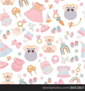 Baby toys seamless pattern. Cute kids fun toy, cartoon flat newborn fabric print design. Clothes and doll, kid accessories nowaday vector background. Illustration of seamless toy pattern. Baby toys seamless pattern. Cute kids fun toy, cartoon flat newborn fabric print design. Clothes and doll, kid accessories nowaday vector background