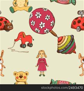 Baby toys seamless pattern, whirligig and elephant and doll. Vector illustration. Baby toys seamless pattern