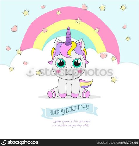 baby unicorn. Happy birthday greetings. Vector for postcards, banners, posters, invitations, posters and creative ideas. Flat style