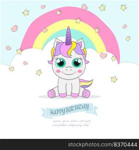 baby unicorn. Happy birthday greetings. Vector for postcards, banners, posters, invitations, posters and creative ideas. Flat style