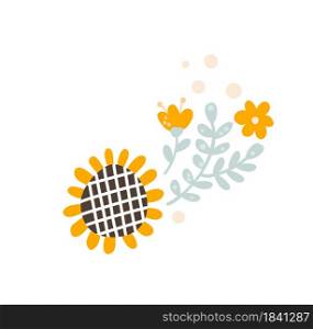 Baby Vector Floral summer divider banner, Pastel kids color sunflower and wildflowers. Scandinavian style hand drawn divider shape. Isolated illustration on white background.. Baby Vector Floral summer divider banner, Pastel kids color sunflower and wildflowers. Scandinavian style hand drawn divider shape. Isolated illustration on white background