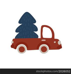Baby Vector hand drawn car with Christmas tree on white isolated background. Scandinavian cute illustration for kids design textile, greeting card, holiday poster.. Baby Vector hand drawn car with Christmas tree on white isolated background. Scandinavian cute illustration for kids design textile, greeting card, holiday poster