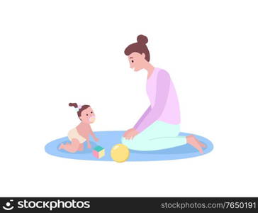 Baby with mother vector, woman sitting on mat playing with toys, small girl wearing diaper and funny hairstyle. Parental care and happy moments. Mother Playing with Small Kid, Woman and Baby