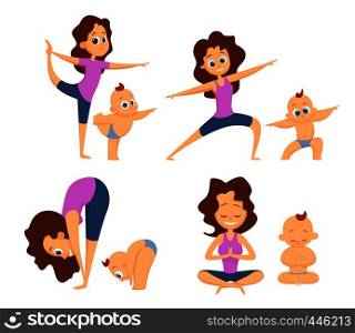 Baby yoga. Mutual exercises with mother and her baby. Different poses and exercises for beginners. Cartoon characters. Yoga mother and baby, pose of body healthy exercise. Vector illustration. Baby yoga. Mutual exercises with mother and her baby. Different poses and exercises for beginners. Cartoon characters