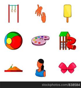 Babycare product icons set. Cartoon set of 9 babycare product vector icons for web isolated on white background. Babycare product icons set, cartoon style