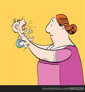 Babysitter and the baby is crying. Vector cartoon illustration of retro style.. Babysitter and the baby is crying