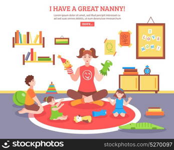 Babysitter Concept Illustration . Babysitter concept with nanny children and toys in the room flat vector illustration