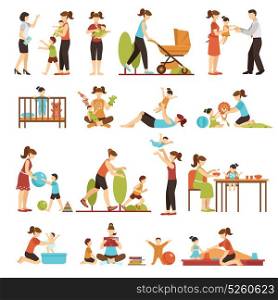 Babysitter Flat Set Of Decorative Colored Icons. Babysitter flat set of decorative colored icons with nanny parents and kids in various situations isolated vector illustration