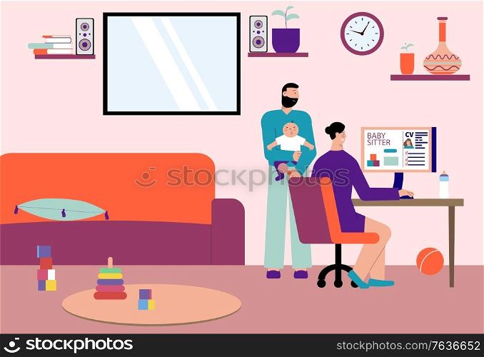 Babysitter for working family flat composition with baby parents searching online child care services site vector illustration