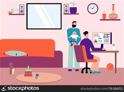 Babysitter for working family flat composition with baby parents searching online child care services site vector illustration