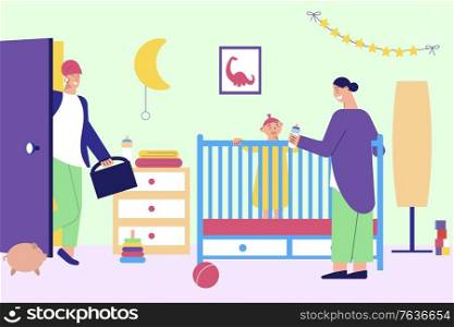Babysitter for working parents flat composition with nanny baby in cot mother leaving for work vector illustration