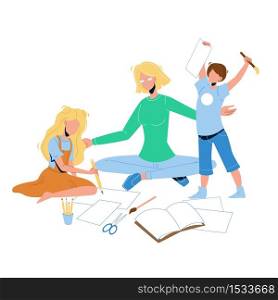 Babysitter Make Exercises With Children Vector. Babysitter Young Woman Playing And Educate With Little Boy And Girl. Characters Play Educational Game Together Flat Cartoon Illustration. Babysitter Make Exercises With Children Vector