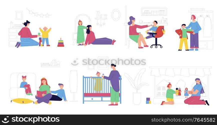 Babysitter nanny set of flat cartoon characters of children and governors with teenage kids and infants vector illustration