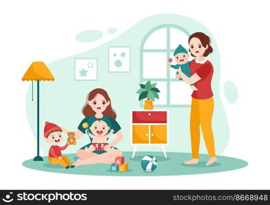 Babysitter or Nanny Services to Care for Provide for Baby Needs and Play with Children on Flat Cartoon Hand Drawn Template Illustration