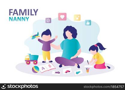 Babysitter plays and teaches young children. Mother and kids playing together. Home kindergarten and babycare. Concept of family pastime and nanny occupation. Banner template. Flat vector illustration. Babysitter plays and teaches young children. Mother and kids playing together. Home kindergarten and babycare. Concept of family pastime and nanny occupation