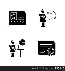 Babysitter service black glyph icons set on white space. Professional reference for employee. Full time babysitting. Part time child care. Silhouette symbols. Vector isolated illustration