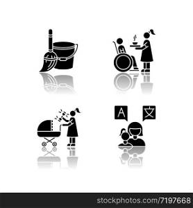 Babysitter service drop shadow black glyph icons set. Household duties. Special needs assistance. Newborn baby care. Speak languages with toddler. Isolated vector illustrations on white space