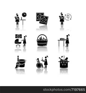 Babysitter service drop shadow black glyph icons set. Part time job. Around clock babysitting. Photo report of kid. Night time nanny. Household duty. Isolated vector illustrations on white space