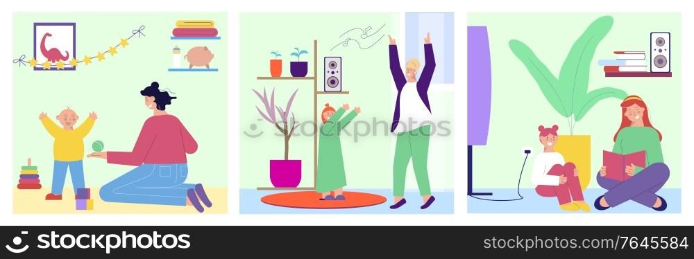 Babysitter set of three square compositions with flat characters of nanny playing with baby at home vector illustration