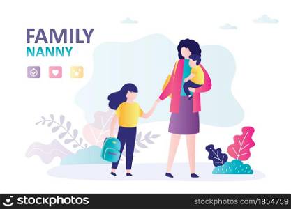 Babysitter with children walks in park. Babysitting service and family nanny. Mom meets daughter from school. Female character holding little boy. Banner in trendy style. Flat vector illustration. Babysitter with children walks in park. Babysitting service and family nanny. Mom meets daughter from school. Female character holding little boy
