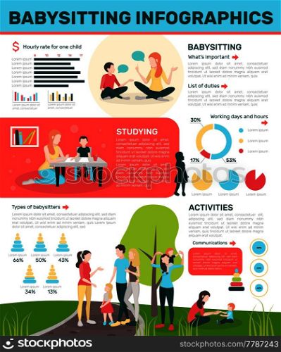 Babysitters people flat infographics with doodle style human characters salary circular graphs and editable text paragraphs vector illustration. Active Babysitting Flat Infographics