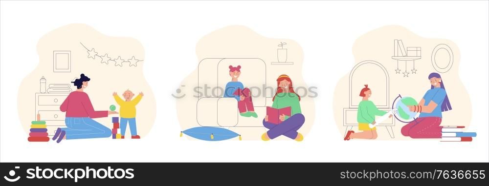Babysitting entertainment educational activities 3 flat compositions with nanny reading playing exploring geography with kids vector illustration