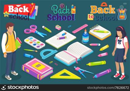 Bach to school vector, students and books, pencil and ruler, palette for art lessons. Boy and girl studying and getting knowledge, textbook and scissors. School concept. Flat cartoon isometric 3d. Back to School Boy Girl with Supplies for Lesson