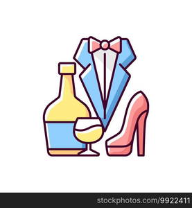 Bachelor party RGB color icon. Drinks for event. Club for man. Special occasion. Stag party for groom. Husband celebrate wedding. Marriage announcement. Isolated vector illustration. Bachelor party RGB color icon