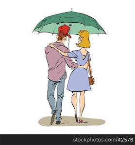Back a couple man and woman walking under an umbrella, color illustration isolated vector. Love and romance. Autumn seasons
