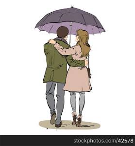 Back a couple man and woman walking under an umbrella, color illustration isolated vector. Love and romance. Autumn seasons