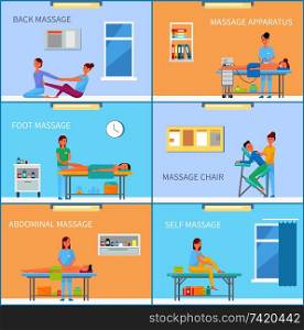 Back and foot, abdominal and self, with apparatus and on chair relaxing. Massage cabinet interiors while session of treatment cartoon banner set vector.. Massage Cabinet while Session of Treatment Cartoon