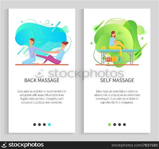 Back and self massage, women characters massaging, females sitting on floor or table, doing acupressure or stretching therapy, masseuse vector. Website or slider app, landing page flat style. Treatment by Massage and Stretching, Woman Vector