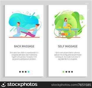 Back and self massage, women characters massaging, females sitting on floor or table, doing acupressure or stretching therapy, masseuse vector. Website or slider app, landing page flat style. Treatment by Massage and Stretching, Woman Vector