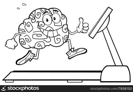Back And White Healthy Brain Cartoon Character Running On A Treadmill And Giving A Thumb Up