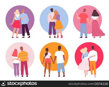 Back couples. Adult people walking family hugging and running together nowaday vector cartoon persons in flat style isolated. Illustration embrace people couple, family man woman love. Back couples. Adult people walking family hugging and running together nowaday vector cartoon persons in flat style isolated