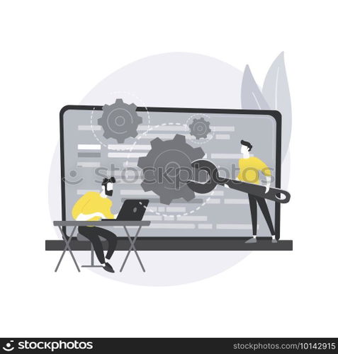 Back end development abstract concept vector illustration. Software development process, computer application, program code, programming language. Writing API and interface code abstract metaphor.. Back end development abstract concept vector illustration.