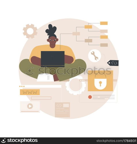 Back end development abstract concept vector illustration. Software development process, computer application, program code, programming language. Writing API and interface code abstract metaphor.. Back end development abstract concept vector illustration.