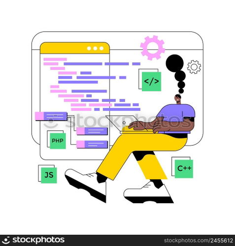 Back end development abstract concept vector illustration. Software development process, computer application, program code, programming language. Writing API and interface code abstract metaphor.. Back end development abstract concept vector illustration.