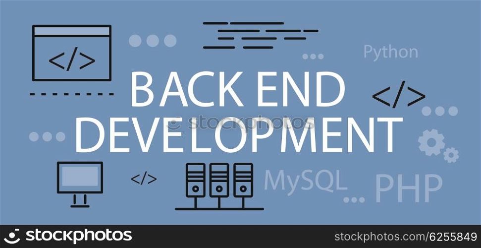 Back end Development Banner Concept. Back end development banner concept. Background or backdrop with elements icon on digital programming and development. Create proscale write scripts in java language design flat. Vector illustration