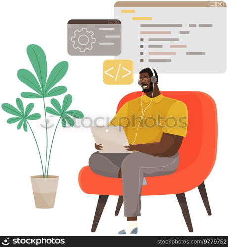 Back end development concept. Programmer is developing an application. Software development process, computer app, program code, programming language. Writing API and interface code abstract metaphor. Programmer working on web development on computer. Concept of script coding and programming