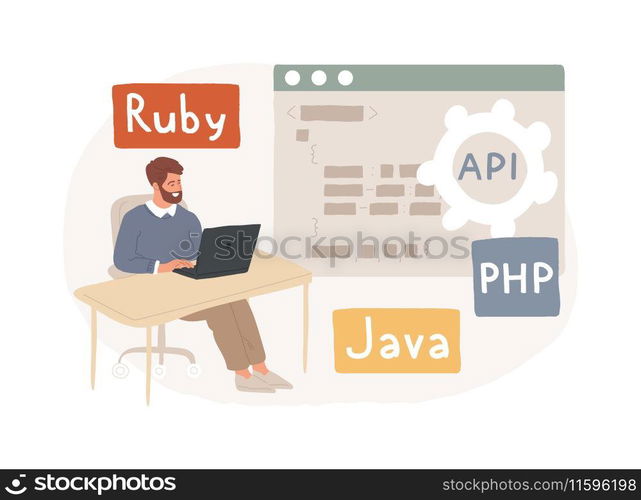 Back end development isolated concept vector illustration. Software development process, computer application, program code, programming language. Writing API and interface code vector concept.. Back end development isolated concept vector illustration.