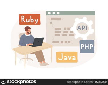 Back end development isolated concept vector illustration. Software development process, computer application, program code, programming language. Writing API and interface code vector concept.. Back end development isolated concept vector illustration.