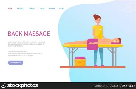 Back massage for lying woman with towel, smiling client on table and professional masseur. Website relaxation of body, spa procedure and therapy vector. Webpage template, landing page flat style. Back Massage for Lying Woman with Towel Vector