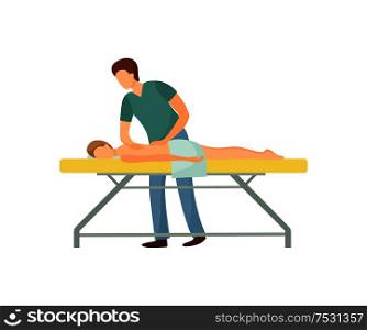Back massage in beauty salon cartoon isolated vector. Standing masseur in uniform massaging client lying on table covered by towel, physiotherapy concept. Back Massage in Beauty Salon Physiotherapy Concept